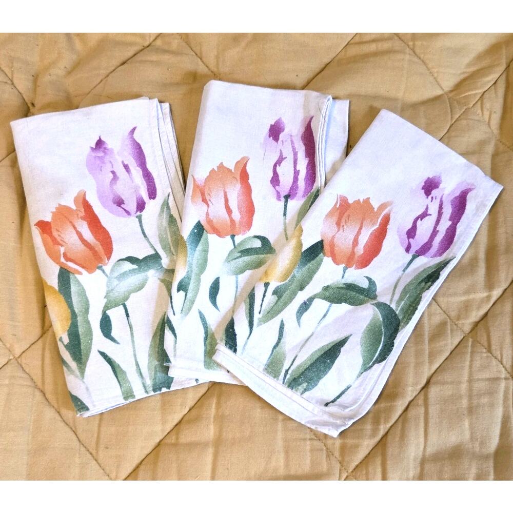 Vtg Linen Luncheon Napkins Purple Coral Tulips Springtime Cottagecore Grandma